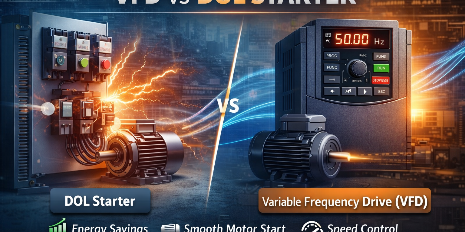 Comparison of VFD vs DOL starter for industrial motor control and automation