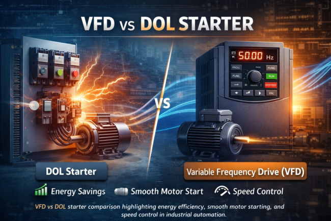 Comparison of VFD vs DOL starter for industrial motor control and automation